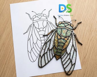 Patrón de vidriera atrapasol de cigarras, plantilla atrapasol de insectos, atrapaluz de insectos, diseño de vidrio para principiantes, arte para paneles de ventanas DIY