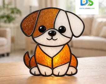 子犬のステンドグラス模様、かわいい動物のサンキャッチャー、犬の窓パネル吊り下げ装飾、ペットのメモリアルギフト、デジタルダウンロードPDF SVG