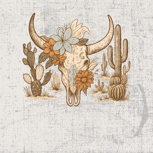 Bloemen longhornschedel clipart, woestijncactus vintage western schedel print, koeienschedel met bloemen, transparante achtergrond, digitale kunst