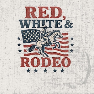 Vintage Rodeo Sublimation Clipart png, Red White and Rodeo Graphic, Cowboy on Horse, American Flag Design, 4th of July Clipart