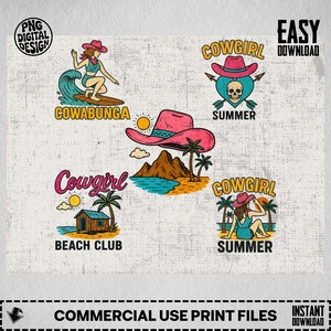 Vintage Cowgirl Clipart Png, Summer Png Bundle, Beach Club Png, Surfing Cowgirl, Retro Cowgirl Png, Instant Download, Commercial Use