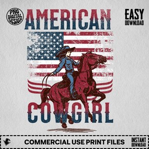 Vintage American Cowgirl Clipart png, Patriotic Horse Rider Digital Art, Western Design Download, Country Girl USA Flag, Instant Download