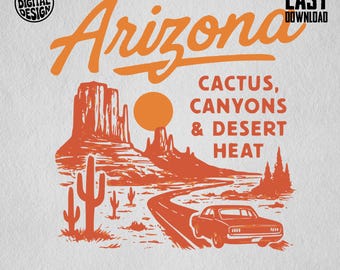 Arizona Vintage Clipart PNG, Cactus, Canyon, Desert Heat, Retro Arizona Art, Travel Souvenir, Vacation Clip Art, Car Image Download