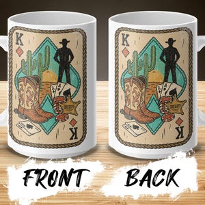 Tazza con stampa a sublimazione "Cowboy King Card", 11 oz PNG da 15 oz, design per tazza "Sceriffo, stivali e cactus, selvaggio West", modello per sublimazione di carte da poker