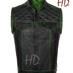 Men’s Biker Vest or Hunt Club Leather Diamond Quilted Motorcycle vest Black & Green, Handmade Leather Vest
