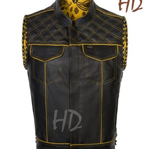 Men’s Leather Diamond Quilted Denim Biker Vest, Handmade Leather Vest, Club Style Riding Vest Street wears Genuine Leather Gift Son