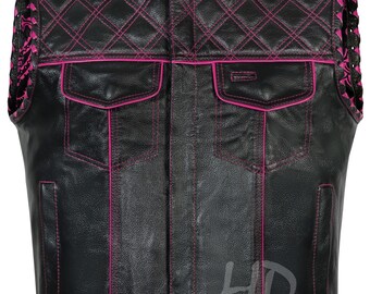 Handmade Leather Biker Vest: Diamond Quilted Motorcycle Vest, Black & Pink