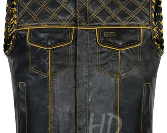 Colete de couro artesanal para motociclista: Colete trançado masculino para motociclismo