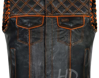 Men’s Handmade Leather Biker Vest: Diamond Quilted Club Style