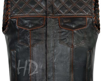 Men’s Diamond Quilted Leather Biker Vest - Handmade Club Style Riding Vest