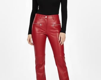 Red Genuine Leather Pants, High Waisted Slim Fit Biker Style Trousers