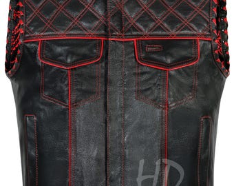 Handmade Leather Biker Vest: Diamond Quilted Motorcycle Vest, Black & Red