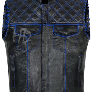 Men’s Leather Diamond Quilted Denim Biker Vest, Handmade Leather Vest, Club Style Riding Vest Street wears Genuine Leather Gift Son