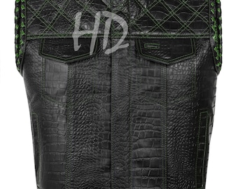 Handmade Leather Biker Vest: Diamond Quilted Motorcycle Vest, Black and Green