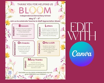 May include: A maroon and floral-themed flyer for Teacher & Staff Appreciation Week at Independence Elementary School, May 5th-9th. The flyer includes daily activity suggestions, such as bringing flowers, writing letters, and offering gifts.