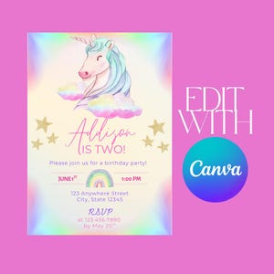 Unicorn Rainbow Birthday Invitation, Unicorn Girls Birthday Invite, Unicorn Invitation Template - Digital Editable