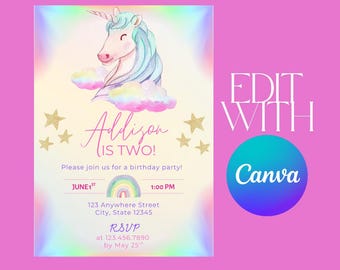 Unicorn Rainbow Birthday Invitation, Unicorn Girls Birthday Invite, Unicorn Invitation Template - Digital Editable
