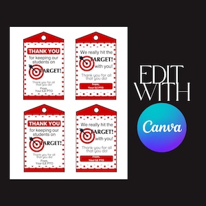 May include: Four red and white printable gift tags with a bullseye target and the text "We really hit the TARGET! with you!" and "Thank you for all that you do! From, Your ILE PTO".