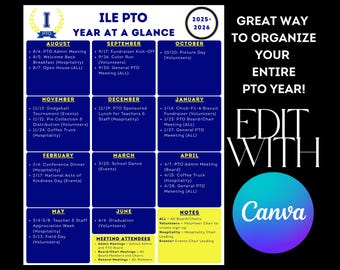 PTO PTA School Year Planner Organizer for Year - PTO Year at a Glance - School Calendar - Digital Editable
