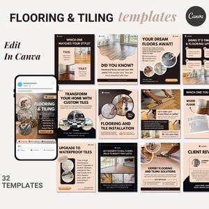 Może przedstawiać: Zestaw 32 szablonów podłóg i płytek, ze smartfonem wyświetlającym przykładowy projekt. Szablony zawierają różne projekty i informacje o układaniu podłóg i płytek, z tekstem "FLOORING & TILING" i "Edit in Canva".