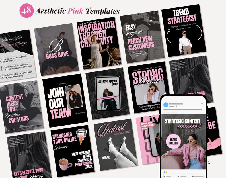 K&ouml;nnte beinhalten: Eine Sammlung von 48 &auml;sthetischen rosa Vorlagen mit schwarzem Hintergrund. Die Vorlagen enthalten Texte wie "Boss Babe", "Join Our Team" und "Strategic Content Manager". Die Vorlagen sind f&uuml;r Social Media konzipiert.