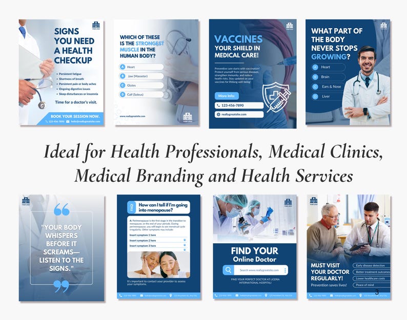 Medical Healthcare Clinics, Health professionals, Hospital Branding, Medical services, Medicine marketing social media Canva templates