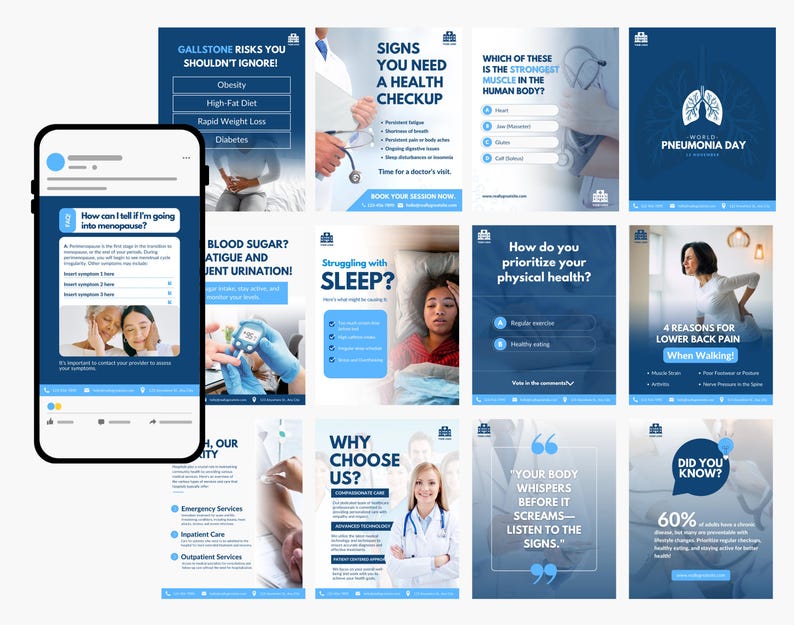 Medical Healthcare Clinics, Health professionals, Hospital Branding, Medical services, Medicine marketing social media Canva templates