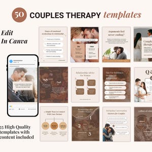 May include: A set of 50 brown and beige digital templates for couples therapy. The templates feature text such as "Couple Therapy", "Relationship Advice for Women", "Tips for Building a Healthy Relationship", "Intriguing Conversation Starters for Couples", and "3 Pillars of Relationship".