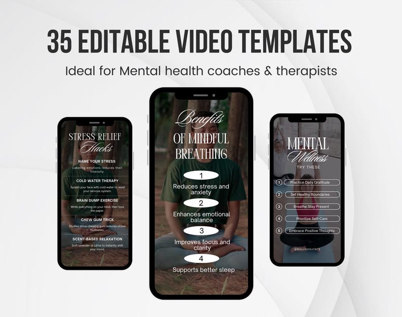 Mental health, Anxiety relief, Stress management, Trauma healing, Wellness coaches phycological therapists Social Media Canva reel templates