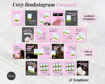 Mysiga rosa bokkarusellmallar för författare, bokälskare, influencers, innehållsskapare, estetiska Canva-inlägg med svepande böcker på Instagram