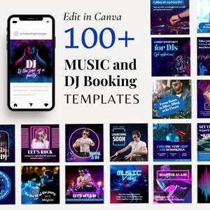 May include: A collection of 100+ colourful social media templates for DJs and music booking businesses. The templates feature neon colours, graphic elements, and text such as "DJ is the soul of a party", "Let's Rock", "Book a DJ", and "Music Vibes".