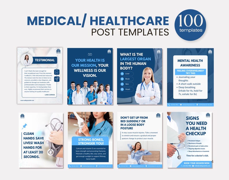 Medical Healthcare Clinics, Health professionals, Hospital Branding, Medical services, Medicine marketing social media Canva templates
