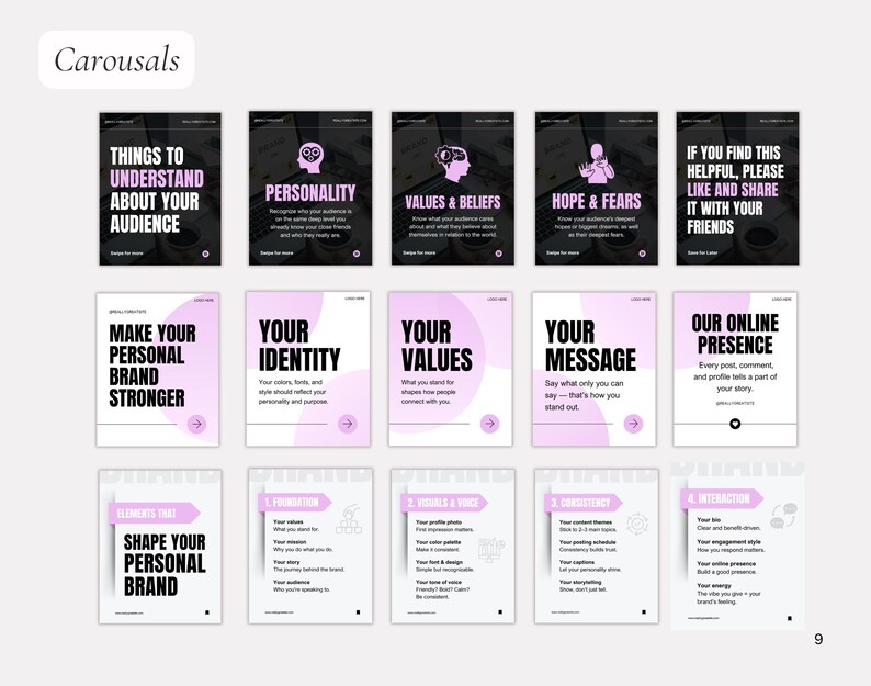 Personal Brand, Branding, Entrepreneur, Social Media manager, Coaching, Influencer, Purple Bold aesthetic social media IG post templates