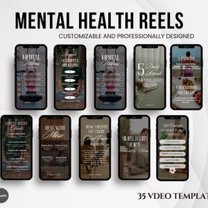 Könnte beinhalten: Eine Sammlung von 12 Telefonbildschirm-Mockups, die Videomodelle für Mental-Health-Reels zeigen. Die Vorlagen behandeln verschiedene Themen wie mentale Gesundheit, Stressabbau-Tipps und tägliche Rituale. Der Text "35 VIDEO-VORLAGEN" wird am unteren Rand des Bildes angezeigt.