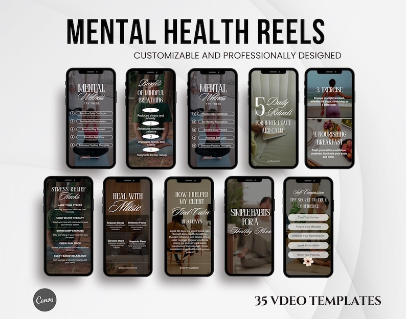 Mental health, Anxiety relief, Stress management, Trauma healing, Wellness coaches phycological therapists Social Media Canva reel templates