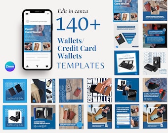 Credit card wallets, RFID, Slim Leather Bifold Trifold Minimalist Metal Card Holder Wallet, Ecommerce product social media Canva templates