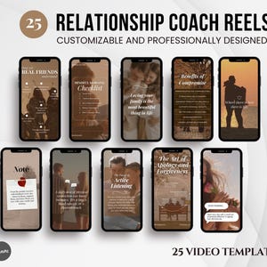 Op de afbeelding: Een set van 25 aanpasbare videotemplates voor relatiecoaches. De templates bevatten een verscheidenheid aan onderwerpen, waaronder echte vrienden, checklists voor mindful morning, de voordelen van compromissen, van je familie houden, actief luisteren, de kunst van verontschuldigen en vergeven, en meer. De templates zijn ontworpen in een minimalistische stijl met een bruin en wit kleurenschema.