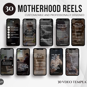 Può includere: Una collezione di 30 modelli di video personalizzabili per Instagram Reels, progettati per le mamme. I modelli presentano sovrapposizioni di testo con argomenti come l'organizzazione, l'equilibrio, i confini, consigli per una giornata radiosa per le mamme e il concetto di maternità abbastanza buona.
