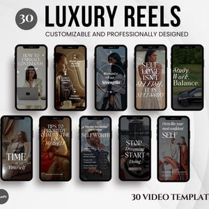 Könnte beinhalten: Ein Set mit 30 anpassbaren Videovorlagen für Instagram Reels. Die Vorlagen zeigen eine Vielzahl von motivierenden Zitaten und Bildern, darunter eine Frau in einem weißen Kleid, ein Auto und eine Frau in einem schwarzen Kleid. Der Text auf den Vorlagen enthält Sätze wie "Wie man Kontinuität annimmt", "Selbstliebe ist nicht egoistisch", "Lernen. Arbeiten. Gleichgewicht.", "Zeit für sich", "Tipps, um die Zeit für sich selbst zu priorisieren", "Selbstwertgefühl", "Hör auf zu träumen, fang an zu tun", und "Kleide dich wie dein selbstbewusstes Ich".