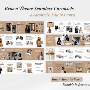 May include: A digital marketing template with a brown theme, featuring eight seamless carousels. The design includes text such as "Brown Theme Seamless Carousels" and "Edit in Canva". The template is designed for social media content.