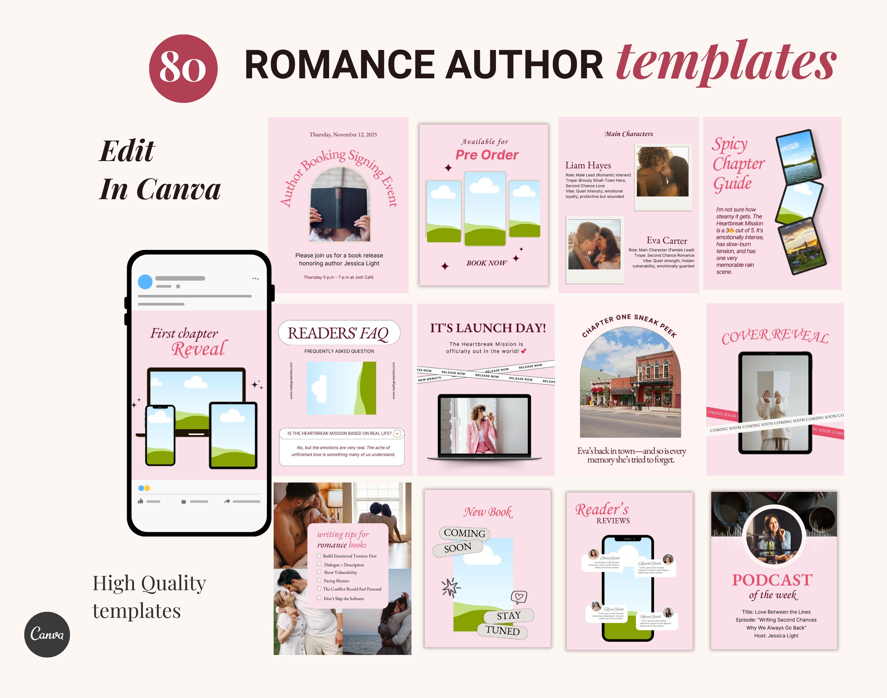 Lancement de livre d'auteur romantique, livre promotionnel, sortie de livre, écrivain Instagram, marketing de livre, publication sur les réseaux sociaux Bookstagram, modèles Canva