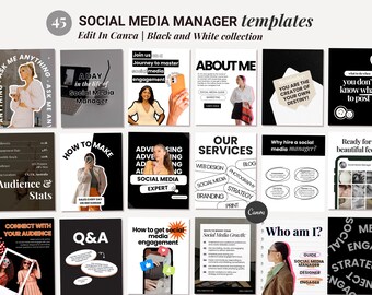 Social Media Manager, Virtual assistants, Project manager, Coaches, Marketing, Content Creator, Business black n white Canva post templates