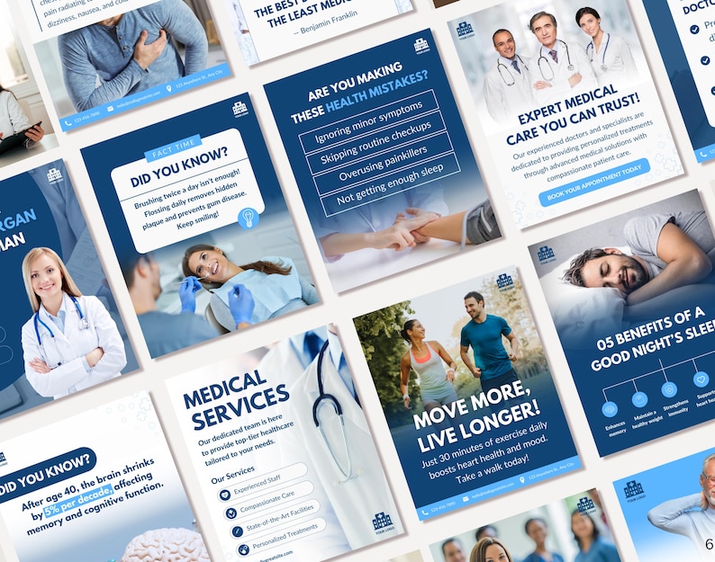 Medical Healthcare Clinics, Health professionals, Hospital Branding, Medical services, Medicine marketing social media Canva templates
