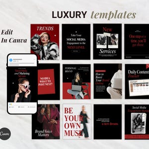 May include: A collection of black and red social media templates with the text "LUXURY templates". The templates include images and text such as "TRENDS", "Take Your SOCIAL MEDIA Engagement to the NEXT LEVEL", and "Edit In Canva".