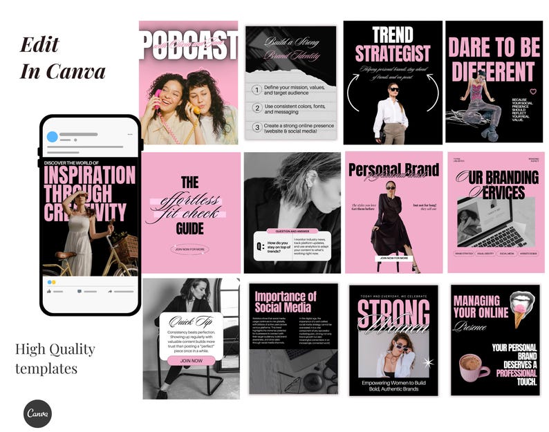 Modern Aesthetic Pink Bold IG Templates, Cool Girl Posts, Personal Brand, Content Creators, Social media manager luxury Instagram templates