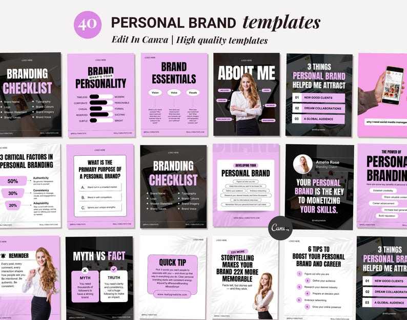 Personal Brand, Branding, Entrepreneur, Social Media manager, Coaching, Influencer, Purple Bold aesthetic social media IG post templates