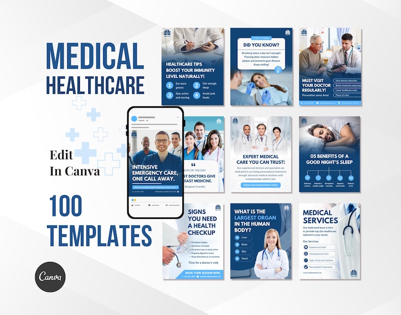 Medical Healthcare Clinics, Health professionals, Hospital Branding, Medical services, Medicine marketing social media Canva templates