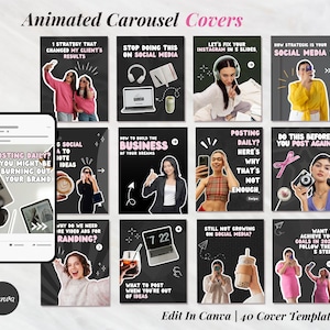 May include: Animated carousel cover templates for social media, featuring diverse designs and text overlays. The templates include images of people, laptops, and related graphics. The Canva logo is visible.