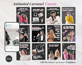 Geanimeerde carrouselcovers voor coaches, makers en verkopers van digitale producten, gezellige zwartroze esthetische carrouselsjablonen voor Instagram Tiktok