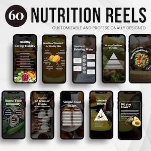 Könnte beinhalten: Ein Set mit 60 anpassbaren und professionell gestalteten Ernährungs-Reels für soziale Medien. Die Reels behandeln verschiedene Themen rund um gesunde Essgewohnheiten, darunter die Vorteile von Vitamin C für gesunde Haut, die Vorteile von Trinkwasser und wie man sein Immunsystem stärkt. Die Reels beinhalten auch Tipps, wie man 121 Gramm Protein erreicht, einfache Lebensmittel-Tausche und die Kraft der Avocado.